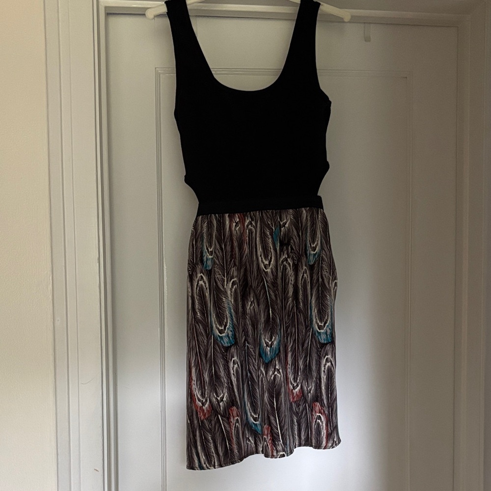 Charlotte Russe Black and Multicolor Feather Print Midi Dress